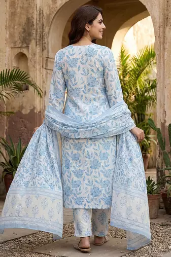 sky blue and white pure cotton straight regular kurta set