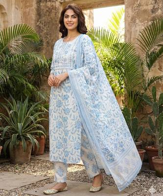 sky blue and white pure cotton straight regular kurta set 3