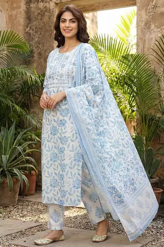sky blue and white pure cotton straight regular kurta set
