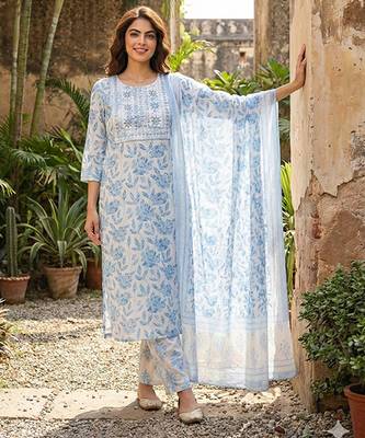 sky blue and white pure cotton straight regular kurta set 5