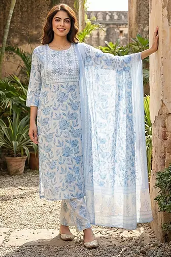 sky blue and white pure cotton straight regular kurta set