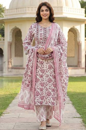 Anouk maroon and white pure cotton straight regular kurta set