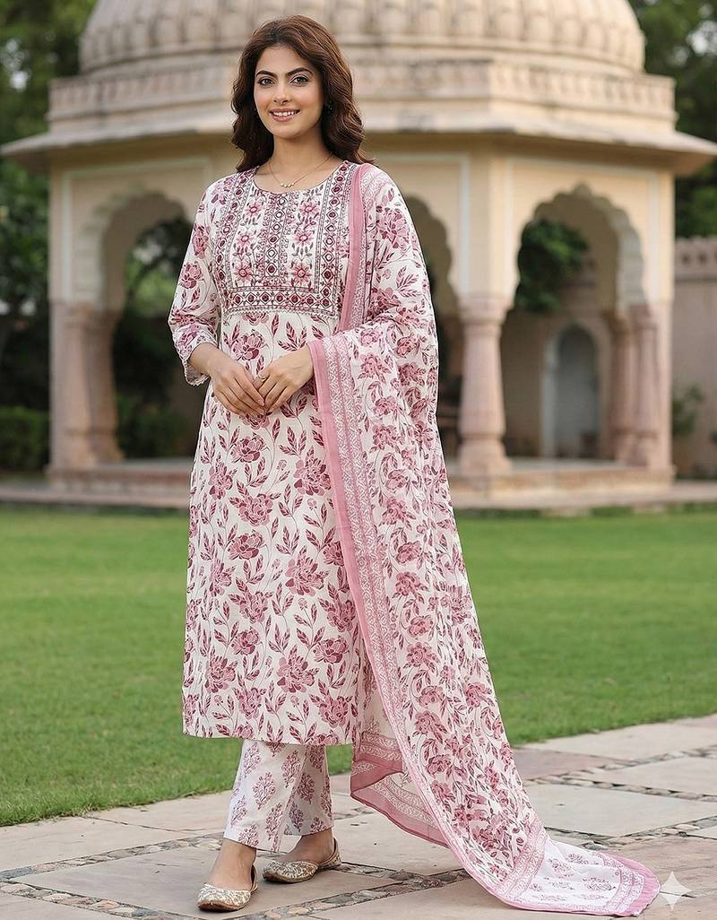 Anouk maroon and white pure cotton straight regular kurta set