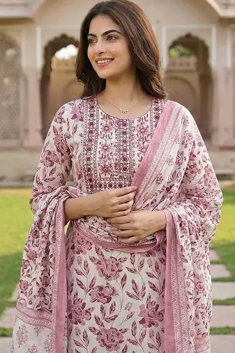 maroon and white pure cotton straight regular kurta set
