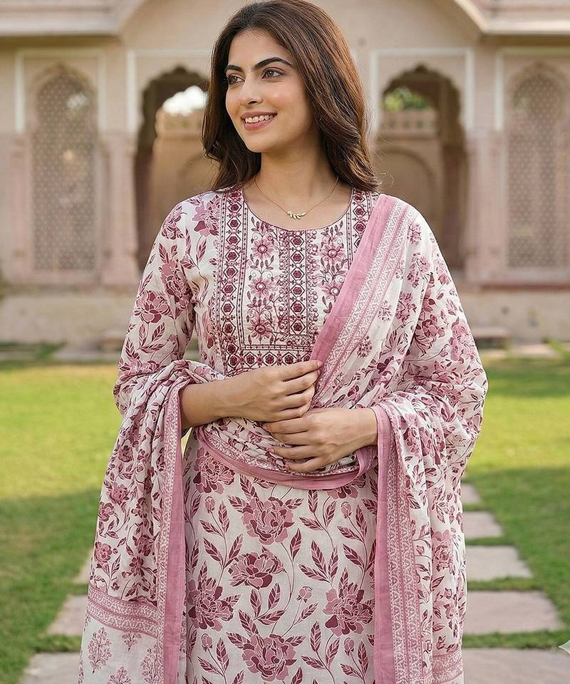 Anouk maroon and white pure cotton straight regular kurta set