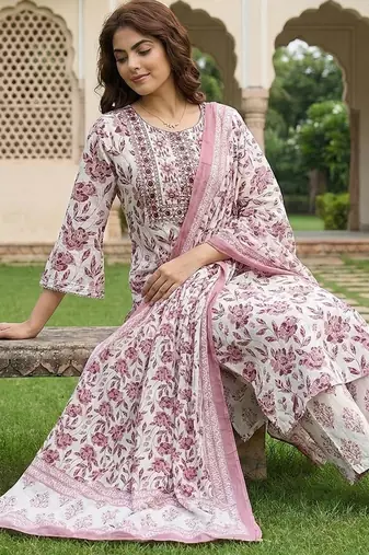maroon and white pure cotton straight regular kurta set