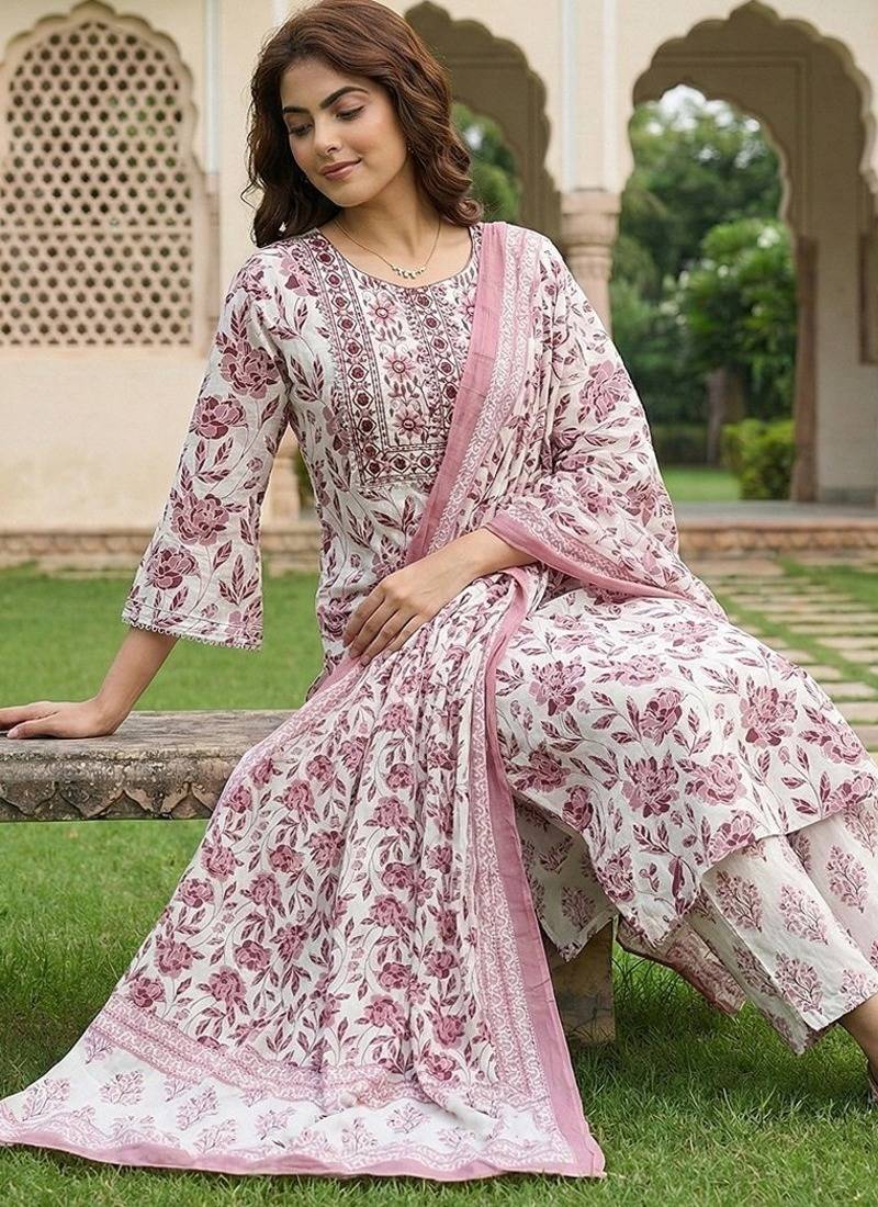 Anouk maroon and white pure cotton straight regular kurta set