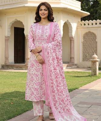 pink and white pure cotton straight regular kurta set 1