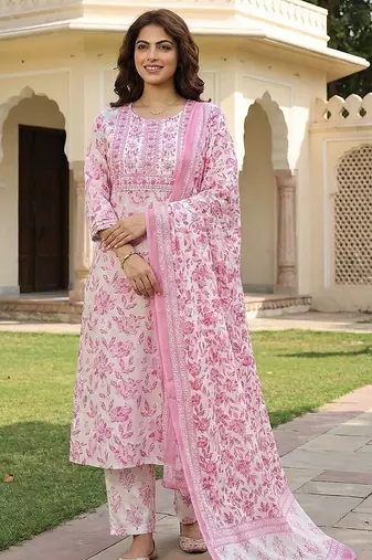 Anouk pink and white pure cotton straight regular kurta set