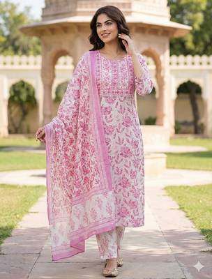 pink and white pure cotton straight regular kurta set 2