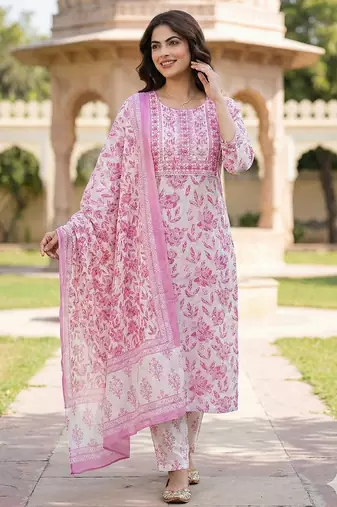 pink and white pure cotton straight regular kurta set