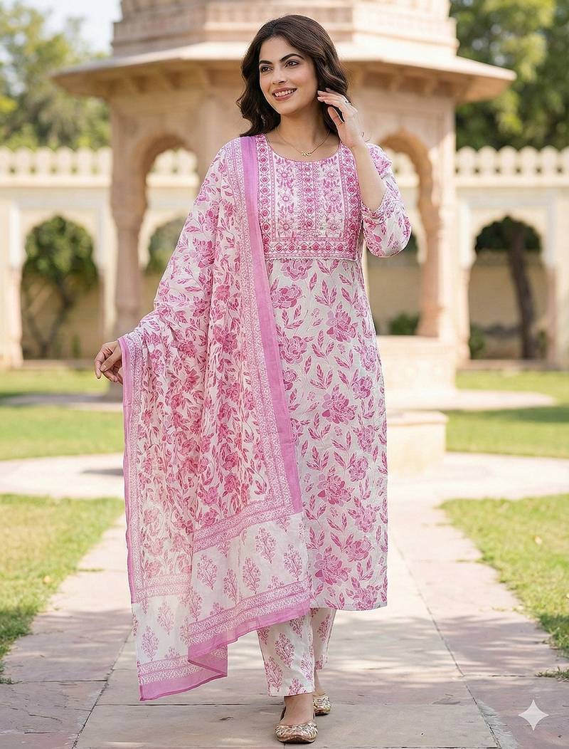Anouk pink and white pure cotton straight regular kurta set