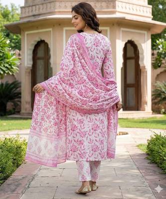 pink and white pure cotton straight regular kurta set 3