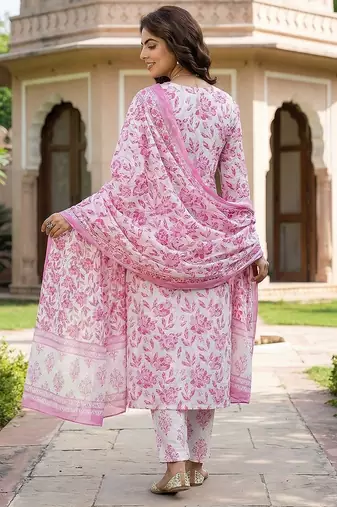 pink and white pure cotton straight regular kurta set