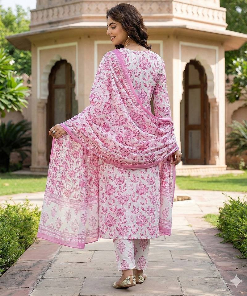 Anouk pink and white pure cotton straight regular kurta set