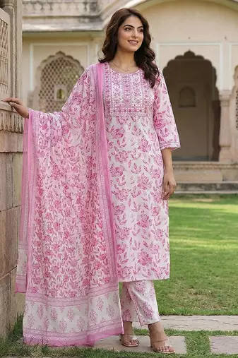 pink and white pure cotton straight regular kurta set