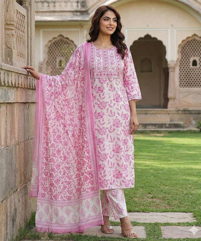 Anouk pink and white pure cotton straight regular kurta set