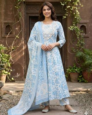 sky blue and white pure cotton anarkali regular kurta set 1
