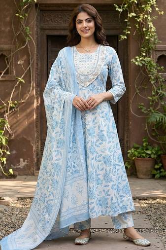 Anouk sky blue and white pure cotton anarkali regular kurta set