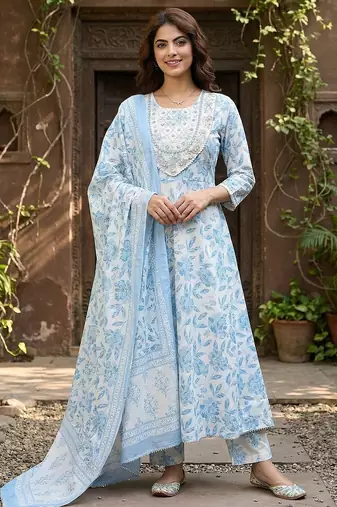 Anouk sky blue and white pure cotton anarkali regular kurta set