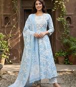 Anouk sky blue and white pure cotton anarkali regular kurta set