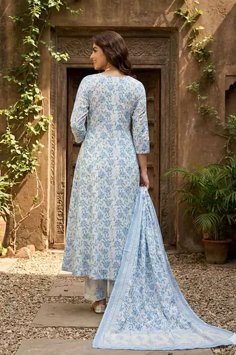 sky blue and white pure cotton anarkali regular kurta set