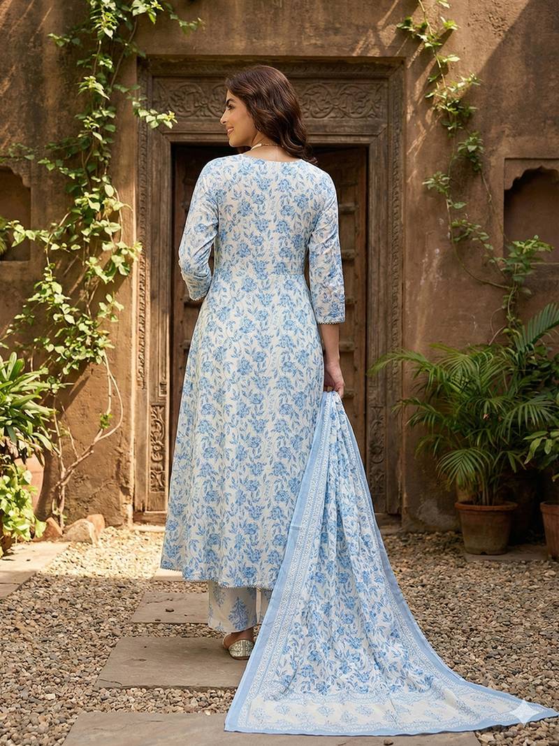 Anouk sky blue and white pure cotton anarkali regular kurta set