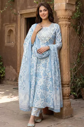 sky blue and white pure cotton anarkali regular kurta set
