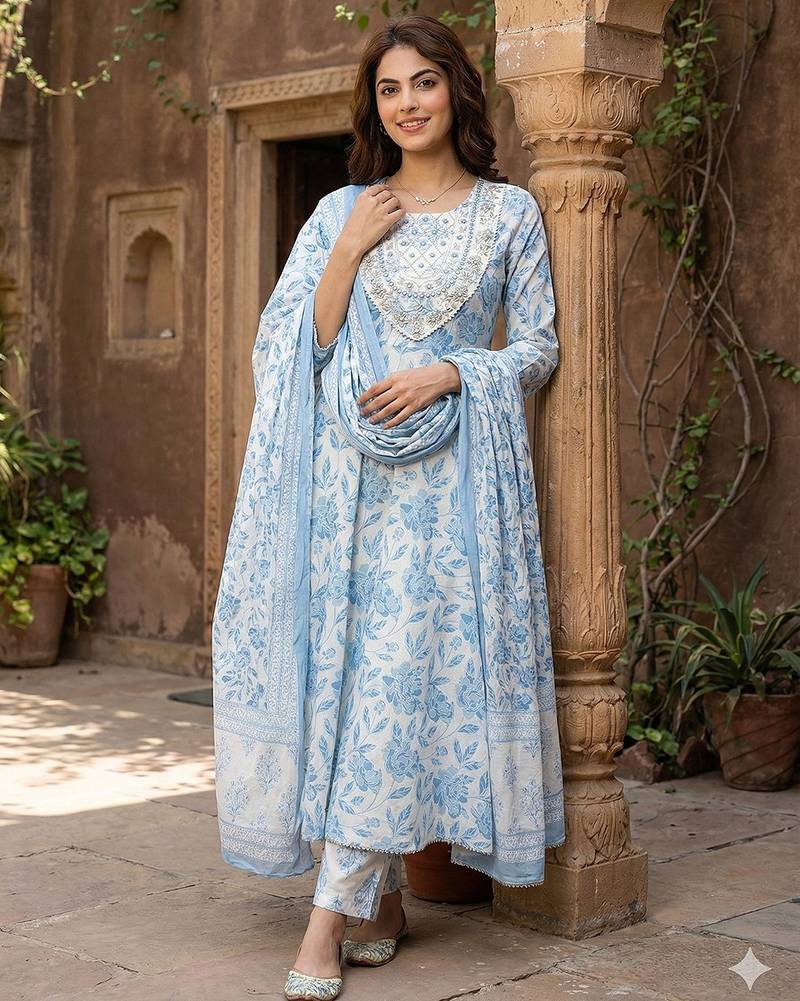 Anouk sky blue and white pure cotton anarkali regular kurta set