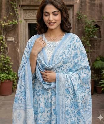 sky blue and white pure cotton anarkali regular kurta set 4
