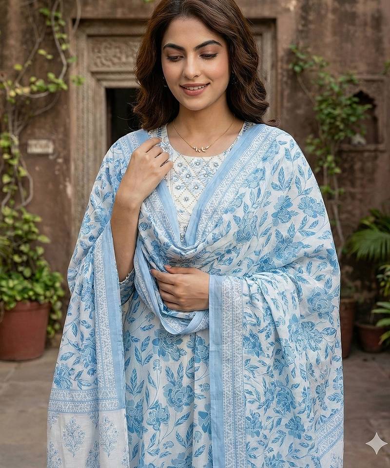 Anouk sky blue and white pure cotton anarkali regular kurta set