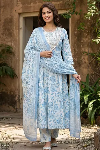 sky blue and white pure cotton anarkali regular kurta set