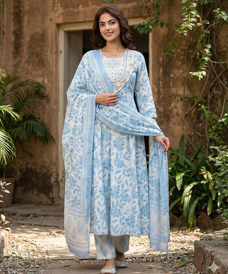 Anouk sky blue and white pure cotton anarkali regular kurta set