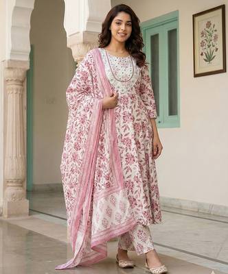 maroon and white pure cotton anarkali regular kurta set 1
