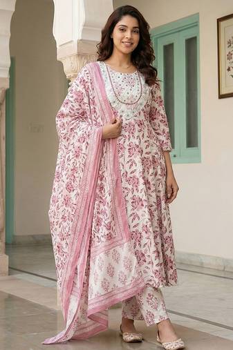 Anouk maroon and white pure cotton anarkali regular kurta set