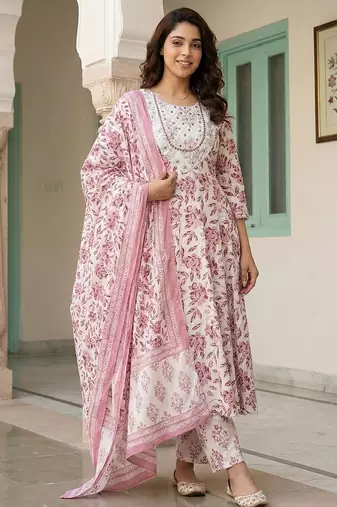 Anouk maroon and white pure cotton anarkali regular kurta set