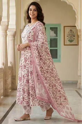 maroon and white pure cotton anarkali regular kurta set