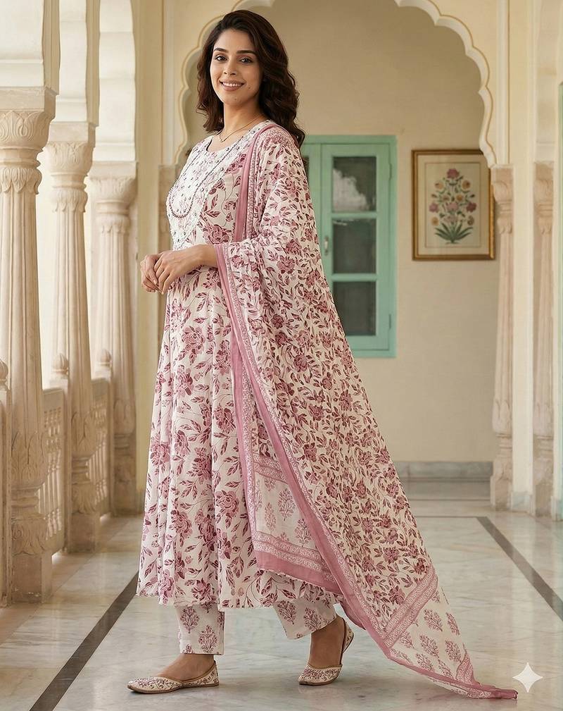 Anouk maroon and white pure cotton anarkali regular kurta set