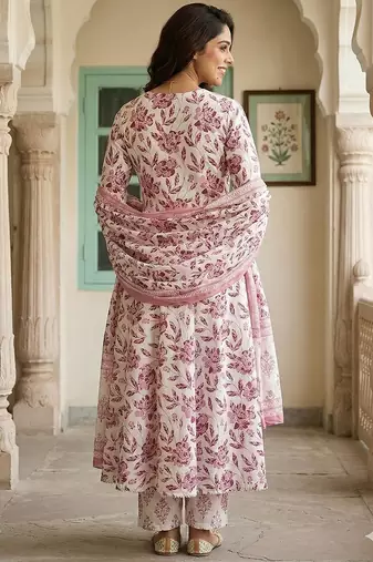 maroon and white pure cotton anarkali regular kurta set