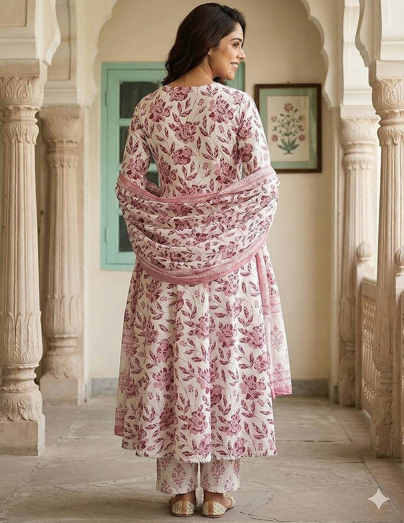 Anouk maroon and white pure cotton anarkali regular kurta set