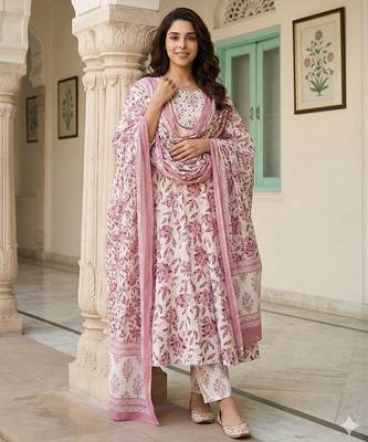 maroon and white pure cotton anarkali regular kurta set 5