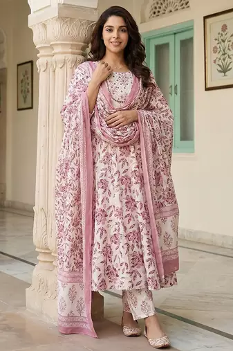 maroon and white pure cotton anarkali regular kurta set