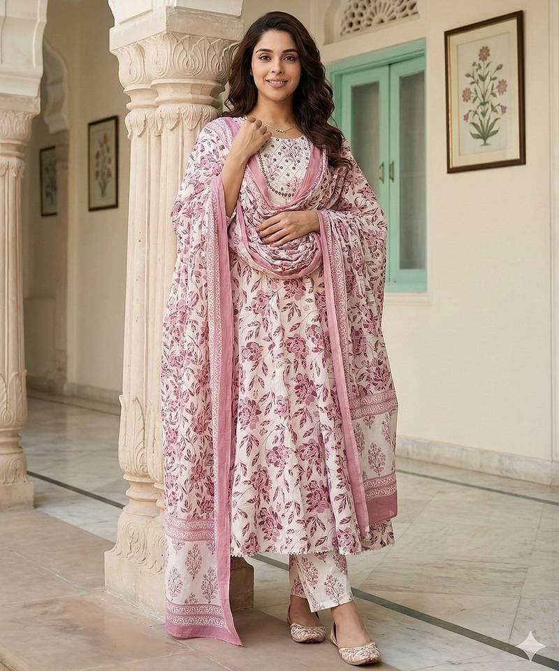 Anouk maroon and white pure cotton anarkali regular kurta set