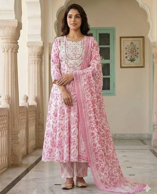 pink and white pure cotton anarkali regular kurta set 1