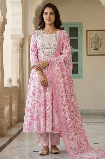 Anouk pink and white pure cotton anarkali regular kurta set