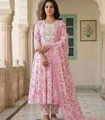 Anouk pink and white pure cotton anarkali regular kurta set