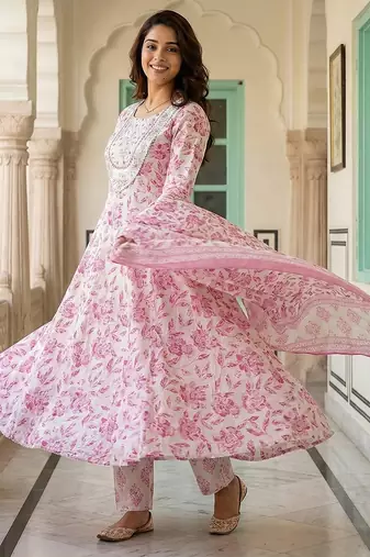 pink and white pure cotton anarkali regular kurta set