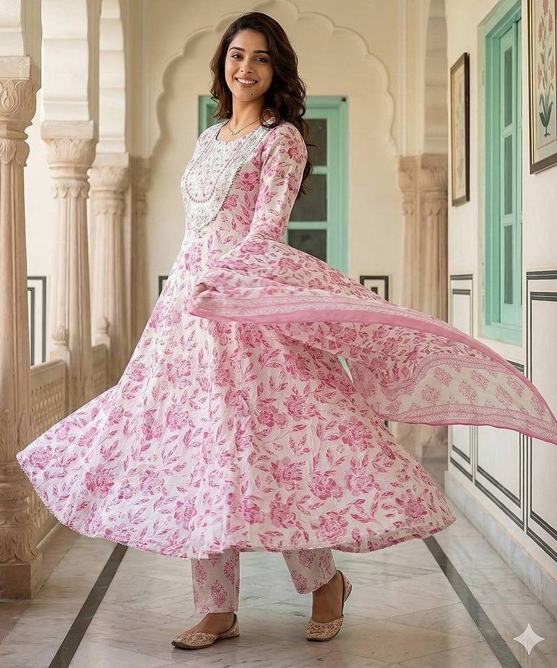 Anouk pink and white pure cotton anarkali regular kurta set