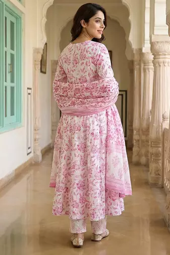 pink and white pure cotton anarkali regular kurta set