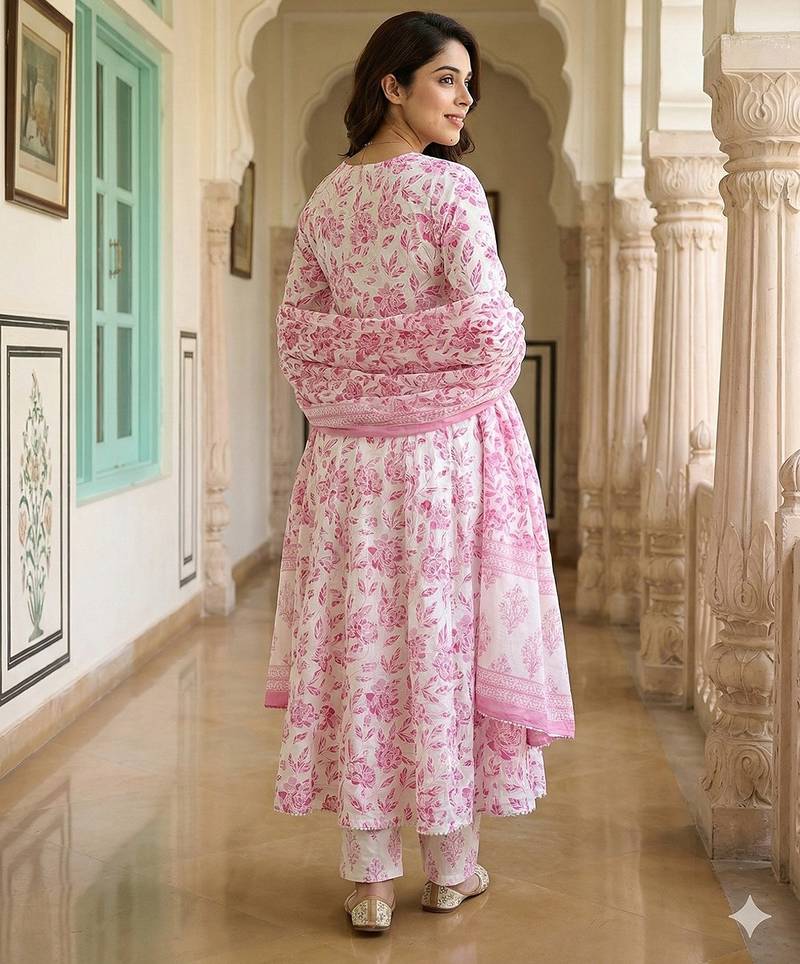 Anouk pink and white pure cotton anarkali regular kurta set